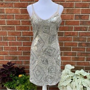 Sequin Strappy Dress Silver Champagne Sparkly Sheer Abstract Diamond Pattern